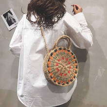 Fashion Round straw bag hand-knit contrast color beach bag large capacity literary one-shoulder crossbody woven bag 2024 - buy cheap