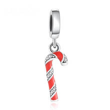 Authentic S925 Silver Sparkling Candy Cane Dangle Charm fit Pandora Bracelet Bangle Berry Red Enamel & Clear CZ 2024 - buy cheap