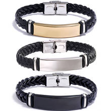 Leather Braided Stainless Steel Bracelet Bangle for Men Polished Plate Charm Wrap Bracelet Mens Wristband Friendship Jewelry 2024 - buy cheap