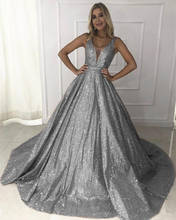 Gray Prom Dresses Ball Gown V-neck Sequins Sparkle Backless Long Prom Gown Evening Dresses Robe De Soiree 2024 - buy cheap