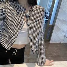 Hpatchwork jaqueta curta de malha feminina, manga comprida, gola redonda, blusa estilo coreana, vintage, elegante, 2021 2024 - compre barato