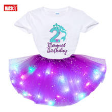 Crianças menina vestido define princesa menina conjunto festa de aniversário 2 pçs luz vestido + t camisa crianças projetar seu nome e número presente de aniversário 2024 - compre barato