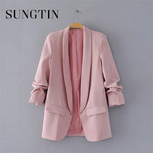 Sungtin blazer feminino de três quartos com dobras, roupa de escritório para mulheres, rosa, gola regular, design de jaqueta, verão 2021 2024 - compre barato