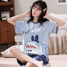 Bonito dos desenhos animados impresso pijamas conjunto casual manga curta camiseta sleepwear pijamas ternos de verão algodão feminino define womens homewear 2024 - compre barato