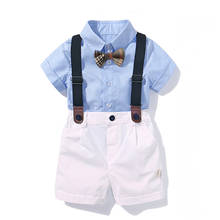 Conjunto de camisa con lazo azul para niños, traje Formal de bebé, venta al por mayor, conjunto de ropa recién nacido, pantalones con tirantes, trajes 2024 - compra barato