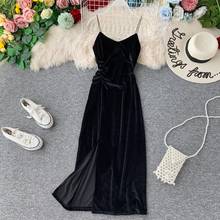 Women Sexy V-neck Backless Spaghetti Strap Dress Autumn Winter Solid Slim A-line Party Robe 2021 New Ladies Elegant Velvet Dress 2024 - buy cheap