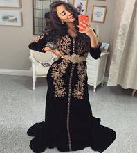 Elegante vestido de fiesta musulmán de terciopelo negro, con manga, elegante aplique dorado con cuentas de Argelia Abaya, vestido de noche largo Formal 2021 2024 - compra barato