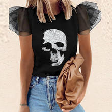 Fashion Women O Neck Blouse Shirt 2021 Summer Puff Sleeve Lady Shirt Blusa Casual Skull Print Lace Mesh Tops Pullover Streetwear 2024 - buy cheap