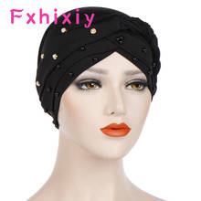 Muslim Solid Women Cross Silk Braid Pearl Bead Turban Hat Chemo Caps Headwear Headwrap Plated Hair Loss Cover 2024 - buy cheap