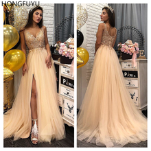 HONGFUYU Sweet Champagne Crystals Prom Formal Dresses Long Tulle V-neck Evening Gown Slit Right vestidos de gala fiesta largos 2024 - buy cheap