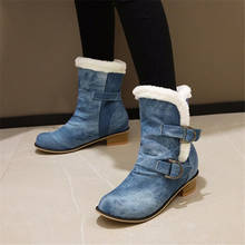 Женские джинсовые ботильоны PXELENA, синие ковбойские ботинки на низком массивном каблуке с пряжкой, повседневная обувь синего цвета, большие размеры 34-45, зима 2020 2024 - купить недорого