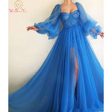 Vestidos de baile azul-reais de 2021, manga longa, varredura amor, uma linha, fenda dianteira, tule transparente, vestidos de noite 2024 - compre barato