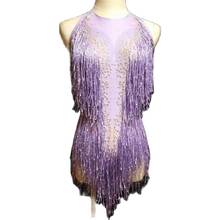 Sleeveless Purple Women Bodysuits Shining Tassel Diamonds Jumpsuits Nightclub Bar DJ Singer Performance Jazz Dance Stage Costume 2024 - buy cheap