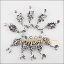 10Pcs Tibetan Silver Tone Animal Mixed Acrylic Mermaid Charms Pendants 10x32.5mm 2024 - buy cheap