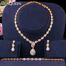 BeaQueen Classic Gold Leaf Shape Cubic Zirconia Water Drop Earrings Necklace Bracelets 3pcs Wedding Jewelry Sets for Women JS241 2024 - buy cheap