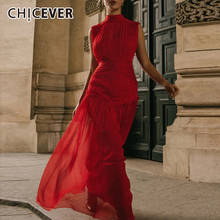 CHICEVER Party Dress For Women Stand Collar Sleeveless High Waist Ruched Slim Elegant Dresses Female 2021 Autumn Clothing Style 2024 - buy cheap
