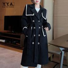 High Street Navy Collar Double Breasted Overcoat Winter Loose Fit Women Wool Coat Fashion Medium Long Black Woolen Blends Jacket 2024 - buy cheap