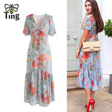 Tingfly Designer Bohemian Floral Print Casual Summer Dress Single Breasted Ruffles Hem Boho Dress Vestidos Aesthetic 2024 - buy cheap