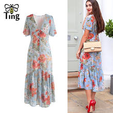 Tingfly designer vogue boêmio floral impressão casual vestido de verão único breasted babados hem boho vestido vestidos estética 2024 - compre barato