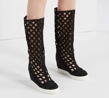 Dipsloot Black Orange Army Green Suede Hole Wedges Knee High Boots Woman Round Toe Height Increasing Heels Slip On Botas Shoes 2024 - buy cheap