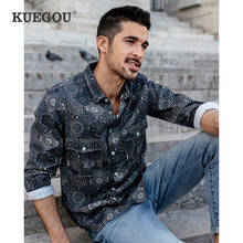 Мужская рубашка с геометрическим принтом KUEGOU, рубашка из 100% хлопка в стиле ретро с надписью, уличная одежда, топ размера плюс BC-20505, осень 2024 - купить недорого