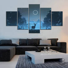 Pinturas en lienzo de paisaje nocturno minimalista para decoración de pared de sala de estar, póster de silueta de ciervo y bosque, imagen de pared HD 2024 - compra barato