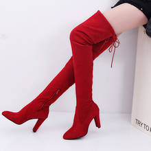 Botas altas de camurça falsa tamanho 43, sexy, esticar sobre o joelho, saltos altos, bico ponteagudo, sapatos femininos, preto, cinza, vermelho 2024 - compre barato