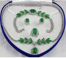 Noble Silver plated  green jade earring bracelet necklace ring set 2024 - buy cheap