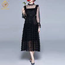 SMTHMA 2022 New Spring Fashion Women Flared Sleeves Black Long Dresses Robe Lace Hollow Out Vintage Elegant Dress Vestidos 2024 - buy cheap