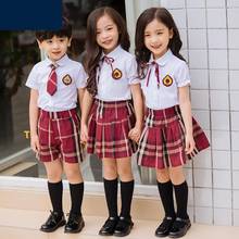 Camisa escolar infantil de manga curta, uniforme de jardim de infância, roupa de saia xadrez vermelha 2024 - compre barato