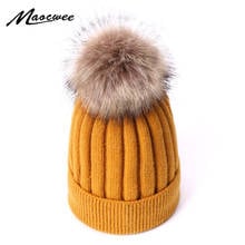 Chapéu de lã de inverno feminino com pompom de pele do falso chapéu de malha para homens do sexo feminino quente ao ar livre bonés grossos com pompon crochê slouch bonnet 2024 - compre barato