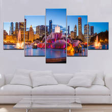 Pintura en lienzo de alta calidad con vista nocturna de Chicago, arte Modular moderno de 5 paneles, imagen de pared nocturna de la ciudad, obra de arte decorativa 2024 - compra barato