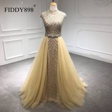 Beading Prom Dresses 2020 High Neck Shiny Sweep Train Evening Gown Cap Sleeves Vestido De 2024 - buy cheap