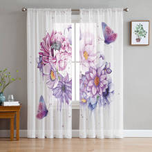 Watercolor Purple Flower Butterfly Tulle Sheer Window Curtains for Living Room Kitchen Children Bedroom Voile Hanging Curtain 2024 - buy cheap