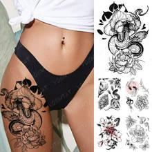 Tatuajes Temporales impermeables para hombres y mujeres, tatuajes Flash de flor de serpiente de la vieja escuela oscura, arte corporal de loto negro, tatuajes falsos para brazo 2024 - compra barato