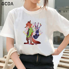 Kawaii disney zootopia anime desenhos animados adorável coelho judy raposa nick impressão solta camiseta verão mulher harajuku kawaii moda tshirt 2024 - compre barato