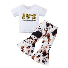 6M-4T Infant Kids Baby Girls 2Pcs Clothes Set Short Sleeve Love Letter Print Shirt Tops Flare Tie Dye Cow Pants Summer Outfits 2024 - buy cheap