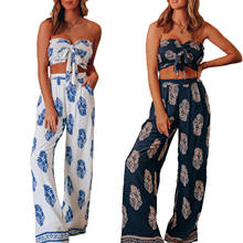 2 Pieces Suit Set Female Floral Print Sleeveless Strapless Crop Tops+ Long Loose Pants for 2021 Summer White/Navy Blue S-XL 2024 - buy cheap