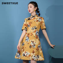 Женское Короткое платье в китайском стиле, с цветочным принтом 2024 - купить недорого