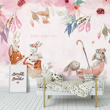 Custom Photo Hand Painted Pink Elk Rabbit Living Room Children Room Animal Decoration Painting Cartoon Pastoral Mural Wallpaper 2024 - buy cheap