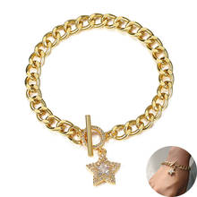 Pulseira feminina dura de ouro 6mm, corrente de corrente cubana com pingente de estrela, cz, ostentação, joia da moda, presente, fecho lgbt 473 2024 - compre barato