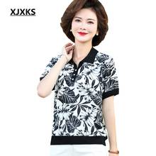 Xjxks camiseta feminina estampada, manga curta, gola virada para baixo, camiseta feminina casual 2024 - compre barato