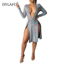 Sequin Sexy Women Dress Deep V Neck Long Sleeve Split Autumn Spring Dresses Party Club Famel Knee Dress Vestido 2020 2024 - buy cheap