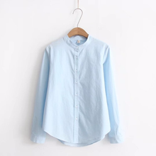 Blusa básica de algodón para mujer, camisa de manga larga con cuello levantado, Color sólido, estilo Preppy, nueva, otoño 2024 - compra barato