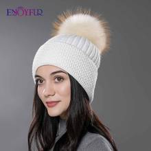 ENJOYFUR-gorro de piel con pompón natural para mujer, gorro de punto de algodón y lana, gorro de moda, novedad, para invierno 2024 - compra barato