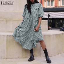 Fashion Check Maxi Dress Women's Summer Sundress ZANZEA 2021 Casual Puff Sleeve Maxi Vestidos Female Lace Up Robe   2024 - buy cheap