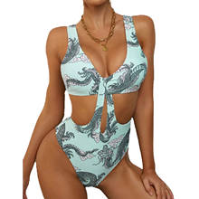 Women Hollow Out Swimsuit Bikini Romper Backless Off-Shoulder No-Sleeve Chinese Loong Printed Beachwear 2024 - buy cheap