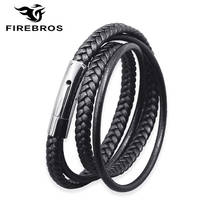 FIREBROS Silver Color Stainless Steel Buckle Multilayer Braid Genuine Leather Bracelet Men Women Vintage Jewelry Gift Wholesale 2024 - buy cheap
