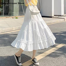 Qiukichonson Spring Summer High Waist Long Midi Skirts Women Cute Stitching Frilly Ruffle Big Swing A-Line Skirts Black White 2024 - buy cheap