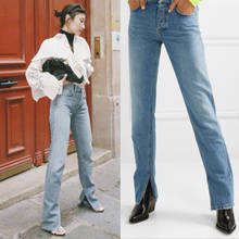 Women High Waist Jeans 2021 New Spring Simple Straight Side Slits Long Denim Pants 2024 - buy cheap